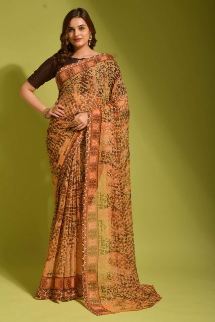 sari en georgette imprimée marron
