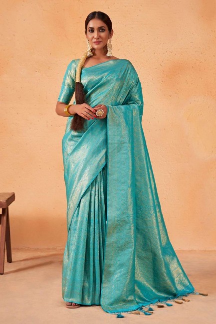 Saris de soie avec tissage en turquoise