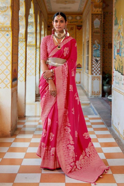 sari de soie rose imprimé tissé avec chemisier