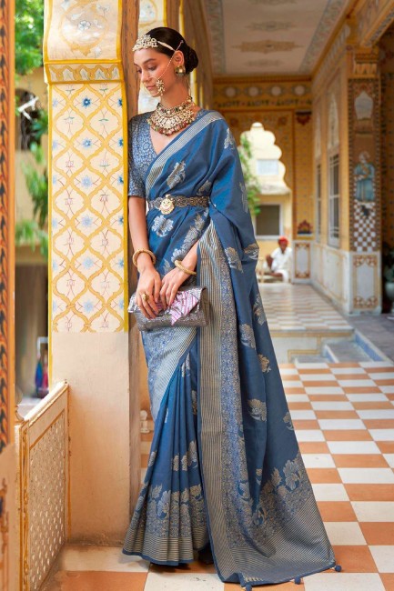 Imprimé,Saris de soie tissée en bleu