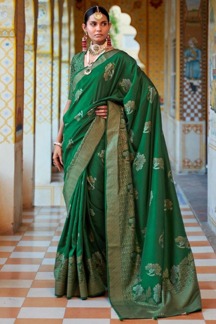 sari vert en soie avec tissage imprimé