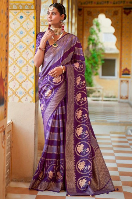 violet imprimé, tissage sari de soie