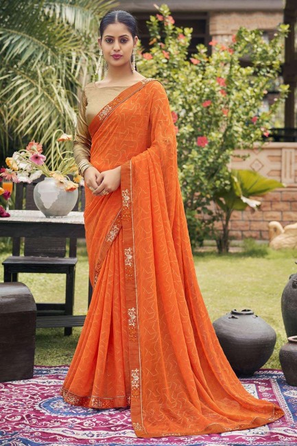sari en georgette brodé, imprimé et bordé de dentelle orange