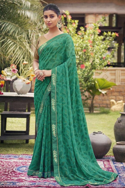 rama brodé, imprimé, bordure en dentelle georgette sari