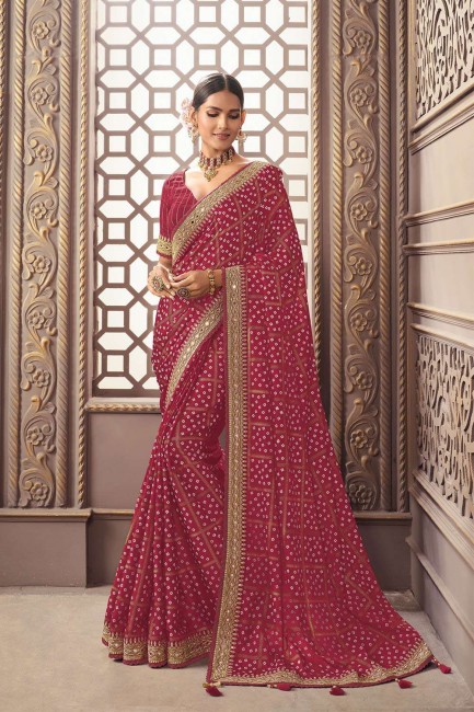miroir, brodé, soie imprimée rouge cramoisi saris avec chemisier
