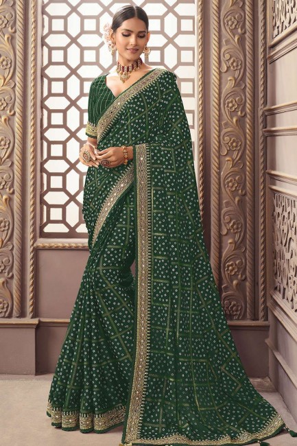 miroir vert, brodé, sari de soie imprimé