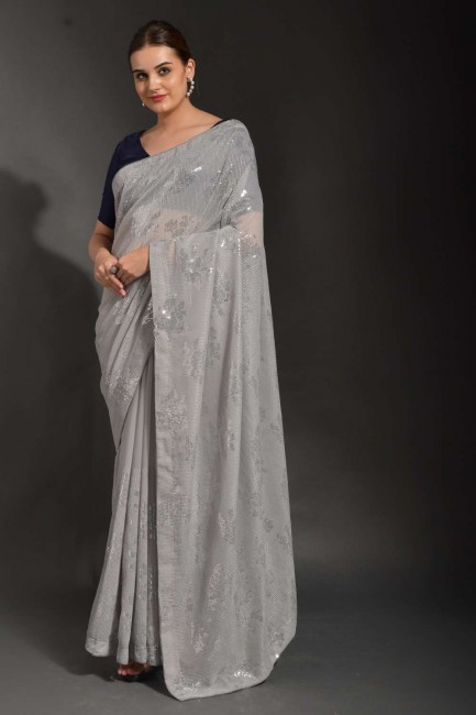 sari gris avec georgette brodée