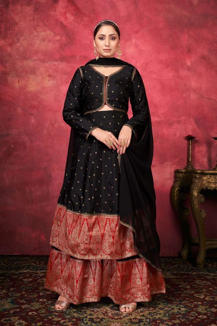 costume pakistanais de tissage de soie d'art noir avec dupatta
