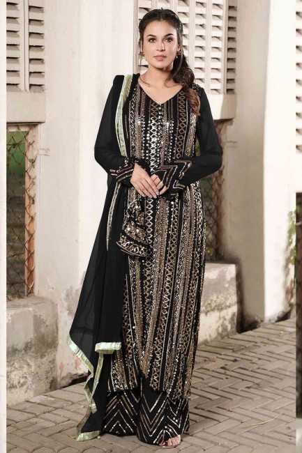 costume pakistanais en fausse georgette brodée en noir avec dupatta