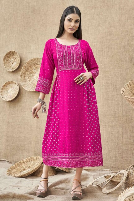 kurti robe rose imprimée en rayonne avec dupatta