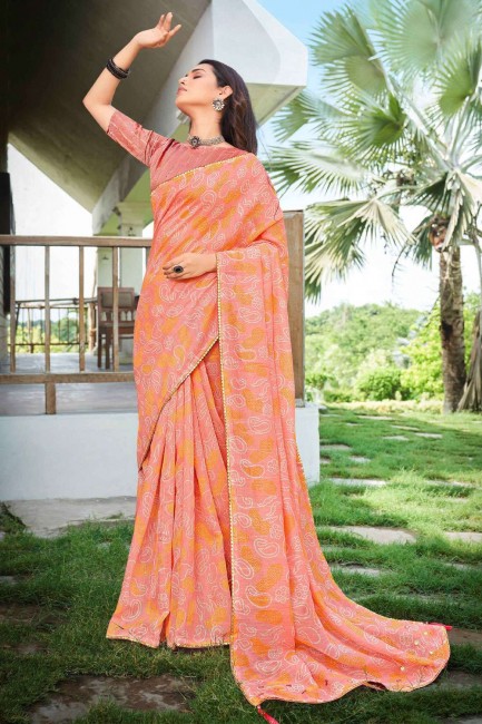 imprimé pêche, sari en dentelle en soie d'art