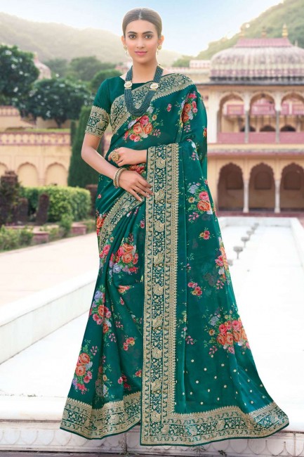 Resham, brodé, sari en soie à impression numérique en vert