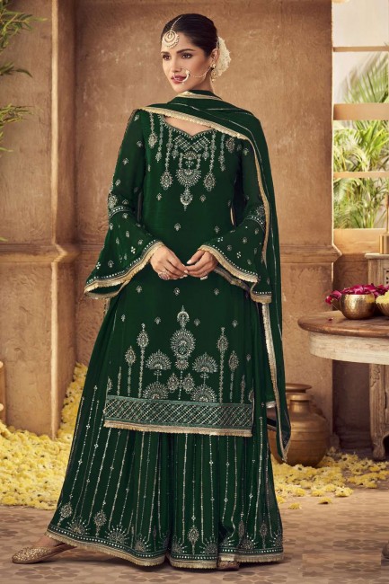 costume pakistanais en fausse georgette vert avec broderies