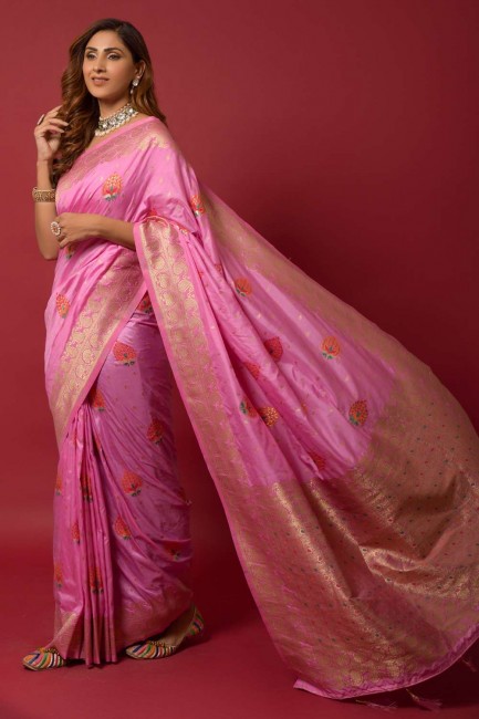 Saris de tissage en soie rose