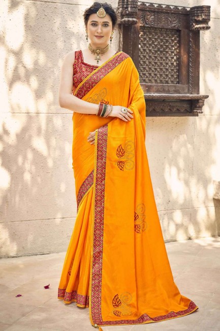 sari en mousseline de soie chinon à impression numérique jaune avec chemisier