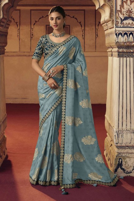 soie, zari, sari de viscose brodé en bleu ciel avec chemisier
