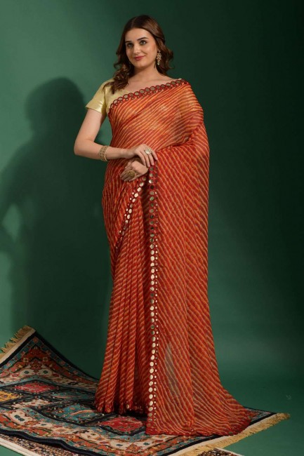 sari marron en mousseline de soie en miroir, brodé, imprimé