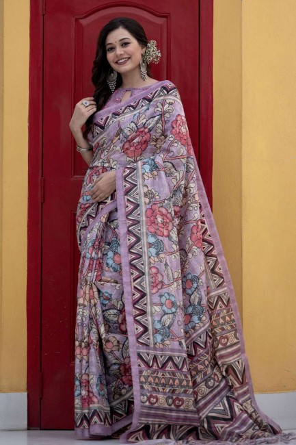 sari en lin bordeaux avec zari, imprimé
