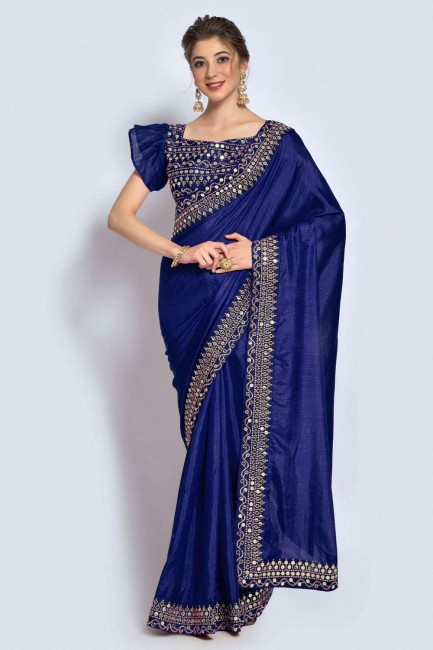 sari de fête en soie bleue avec zari, brodé