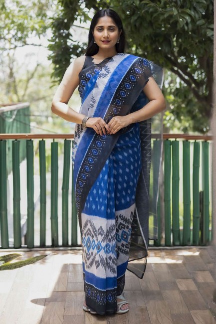 Saris d’impression numérique en coton bleu