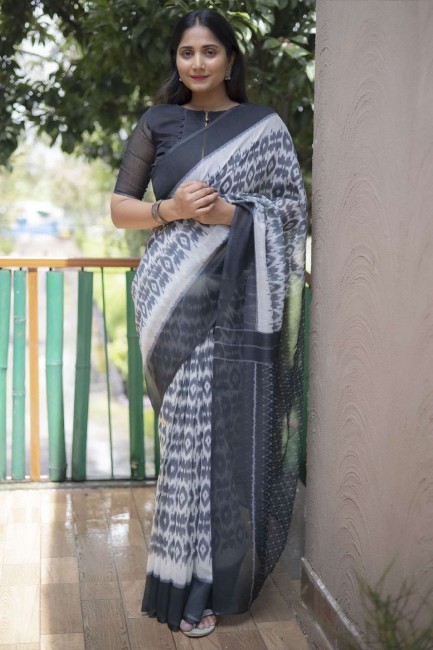 sari en coton blanc avec impression numérique