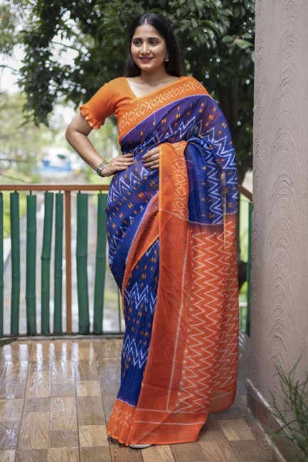 sari bleu en coton imprimé numérique