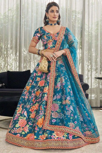 Art Silk Wedding Lehenga Choli en bleu sarcelle avec impression numérique