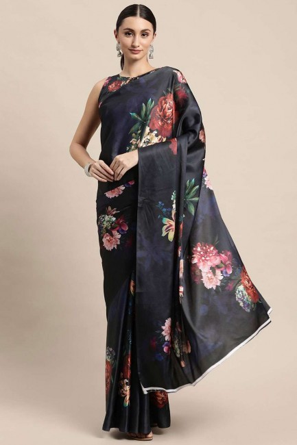 sari en satin à imprimé numérique bleu marine avec chemisier