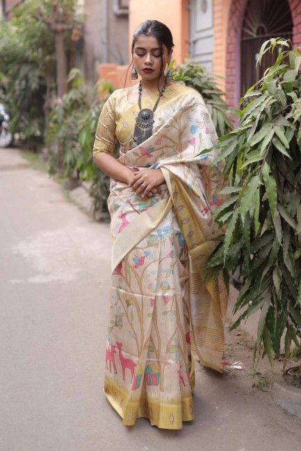 sari en soie jaune avec imprimé
