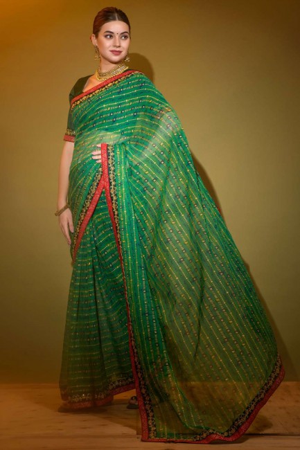 sari imprimé en dentelle georgette vert
