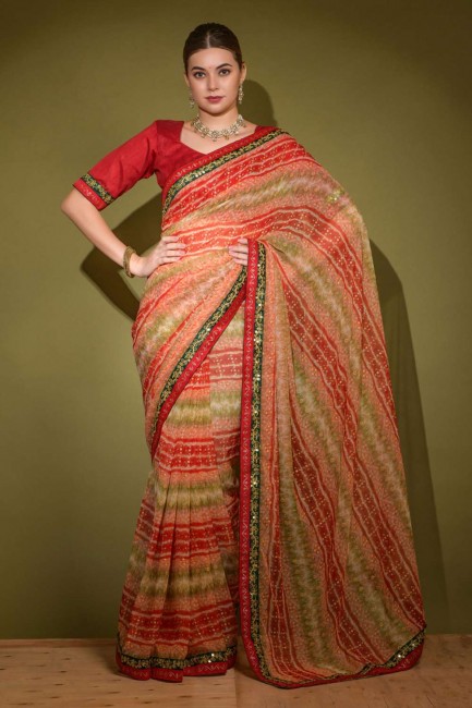 sari en georgette rouge, pierre, imprimé et dentelle