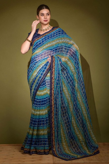 sari bleu en pierre, imprimé, georgette en dentelle