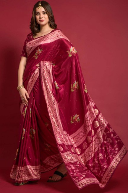 sari en soie marron avec pierre, imprimé