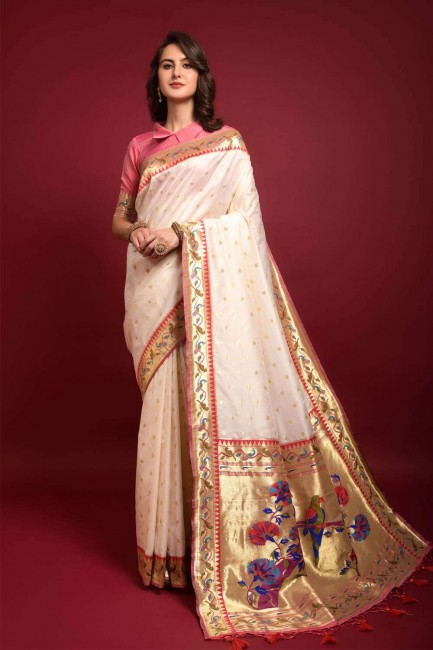 zari blanc, tissage de sari de soie banarasi