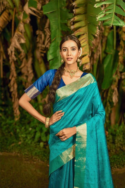 Saris de soie de Bangalore vert de mer avec tissage
