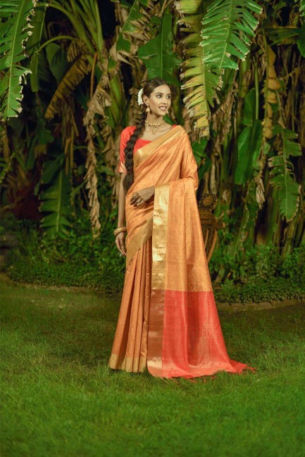 sari pêche en soie bangalore avec tissage