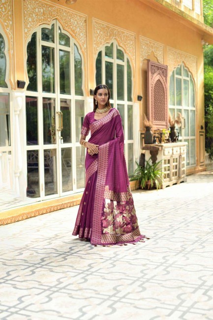 sari en soie violet avec imprimé