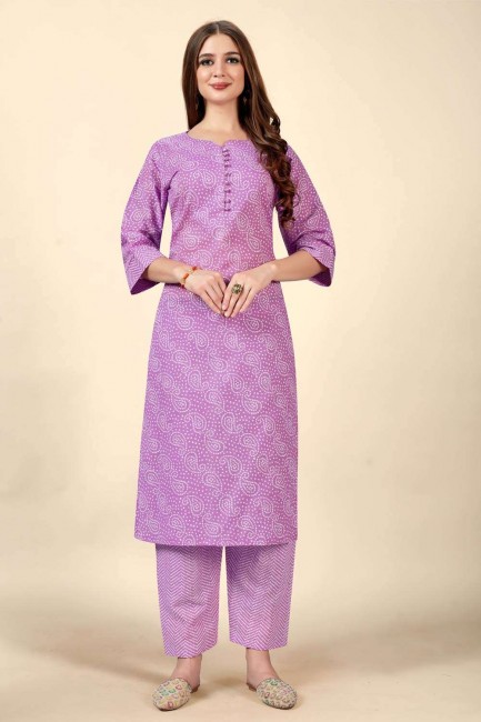 kurti droit violet en coton imprimé avec dupatta