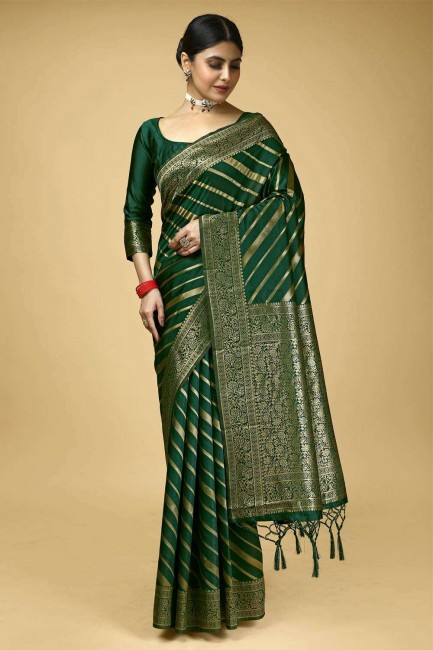 sari vert avec zari, tissage de soie banarasi