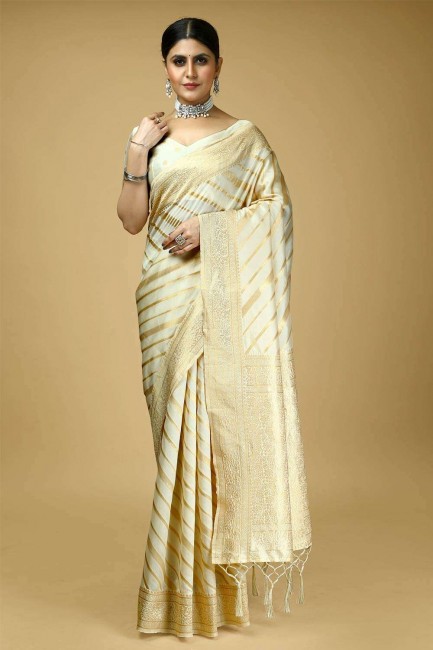 zari blanc cassé,tissage sari en soie banarasi