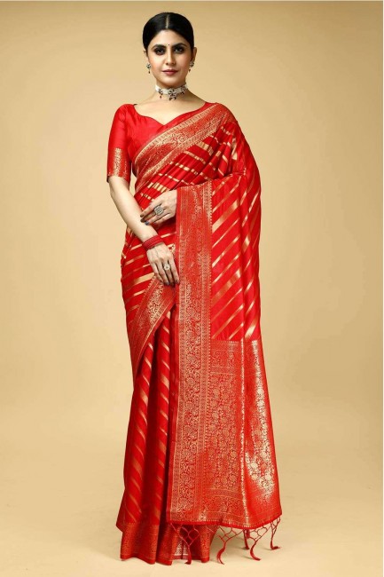 sari rouge avec zari, tissage de soie banarasi