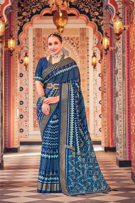 coton imprimé, tissage, bordure en dentelle sari bleu avec chemisier