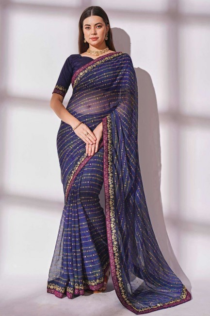 sari bleu georgette brodé, imprimé, bordure en dentelle