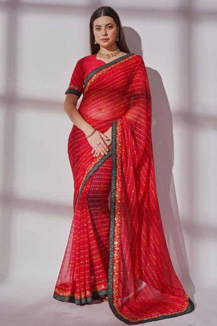 brodé, imprimé, bordure en dentelle georgette sari rouge avec chemisier