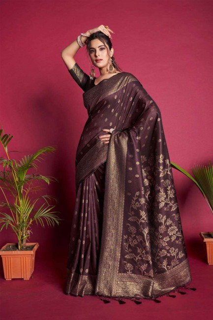 sari en soie grège bordeaux avec zari,brodé,tissage