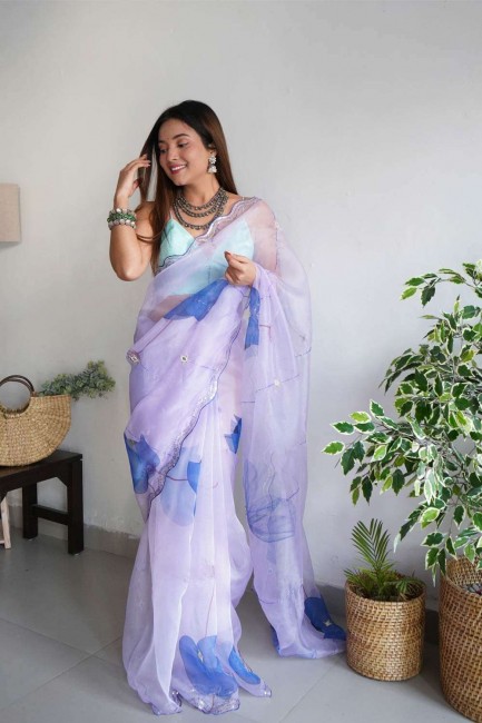 sari en organza blanc avec imprimé