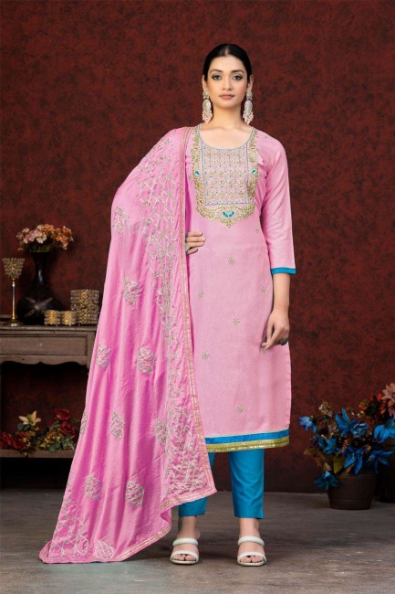 salwar kameez brodé rose en coton