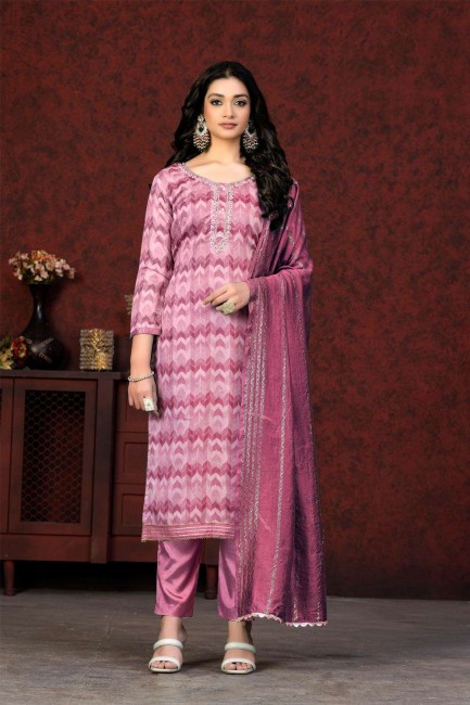 salwar kameez en soie rose avec imprimé