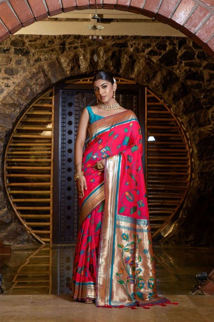 zari banarasi sari banarasi rouge en soie avec chemisier