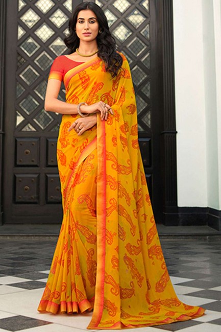 sari jaune avec imprimé, bordure en dentelle georgette